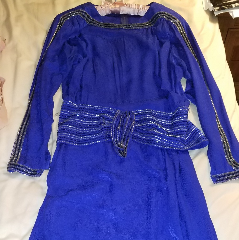 Vintage 1980s royal blue beaded dress, Sz. 14, EUC